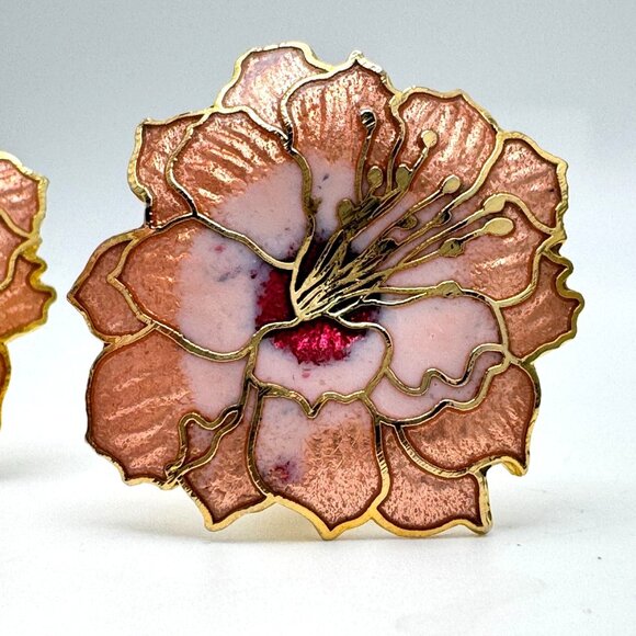 1980s Vintage Gold Tone Cloisonne Flower Clip-On Earrings Pink Mauve Enamel - Picture 7 of 7